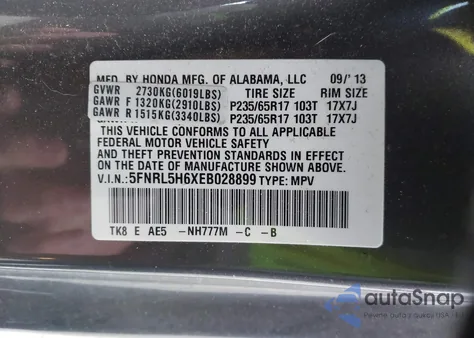 2014 Honda Odyssey Ex-L z USA, uszkodzony, nr VIN 5FNRL5H6XEB028899